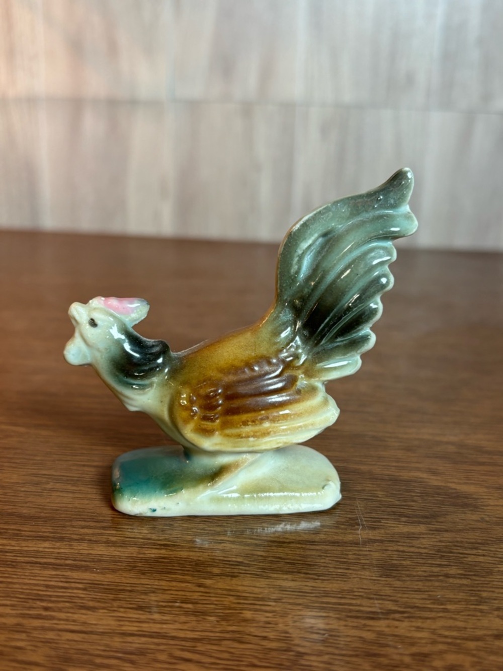 Ceramic Vintage Mini Rooster Figurine Japan Green, Brown, Cream